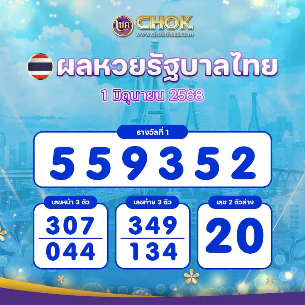 ผลหวยรัฐบาลไทย งวดวันที่ 1 มิถุนายน 2568