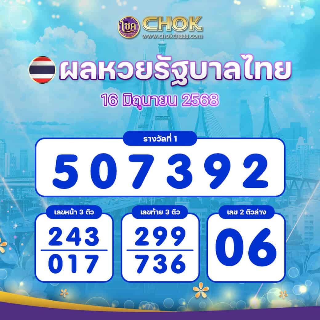 ผลหวยรัฐบาลไทย งวดวันที่ 16 มิถุนายน 2568